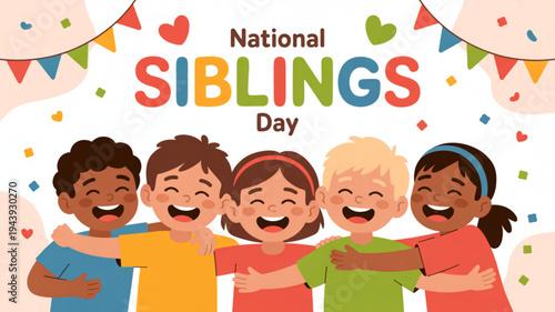 Diverse children celebrating national siblings day with colorful decorations and festive atmosphere