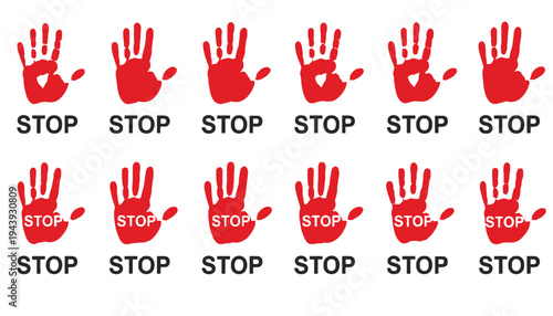 A hand stop sign illustration with multiple red hands and text