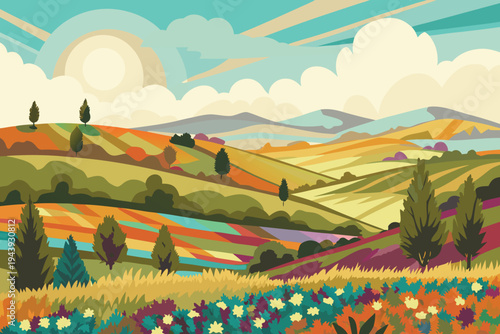 Colorful Rolling Hills Landscape with Abstract Fields and Cypress Trees