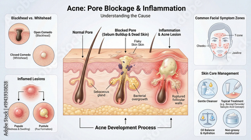 Acne Pore Blockage and Inflammation Medical Educational Infographic for Skin Health Education.