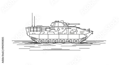 Line Art Illustration of Modern Armored Personnel Carrier on White Background