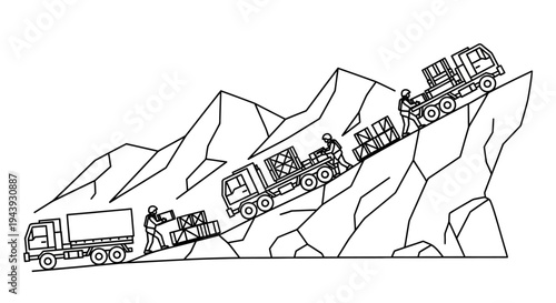Logistics on Steep Terrain: Trucks and Workers Transporting Cargo Up a Mountain