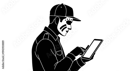 Man with face paint and baseball cap using a tablet, black and white illustration