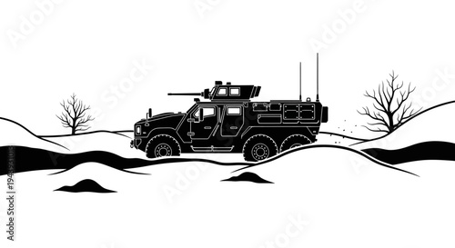 Military armored vehicle with turret in snowy landscape, black and white illustration