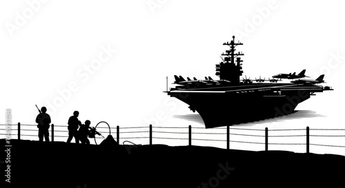 Military Aircraft Carrier and Soldiers Silhouette on Shoreline