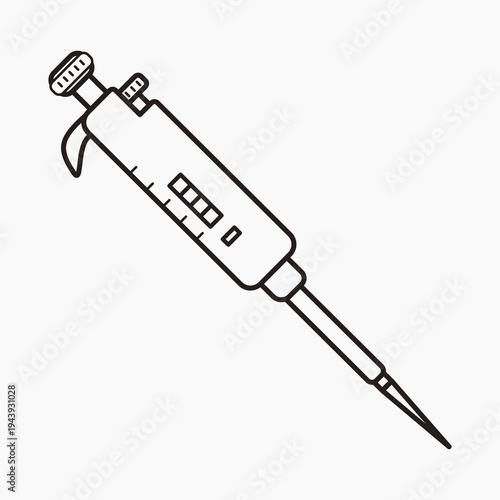 Medical laboratory micropipette equipment illustration in outline scientific style. Precision lab instrument used for microbiology experiment, biotechnology research, and healthcare science graphics.