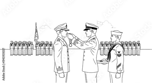 Military Award Ceremony: Officer Receives Medal from Superior, Troops Stand Ready