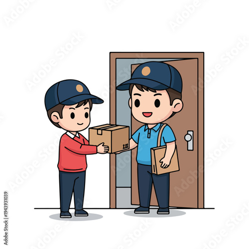Two delivery workers exchanging a package at a residential doorstep with a friendly gesture many people