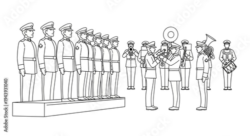 Military Band Performance: Soldiers in Uniform Play Instruments Before Officers