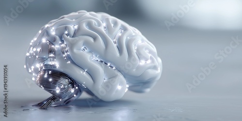 Human brain made from white plastic with microchips and data flowing,banner,copy space,AI concept