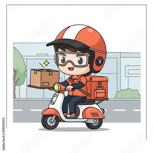 A cheerful delivery person in an orange uniform rides a scooter with a cardboard box and bag, conveying a sense of speedy, efficient service with a modern urban backdrop.