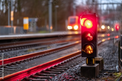 Railway Signal Changing to Red as Train Clears Final Destination Track