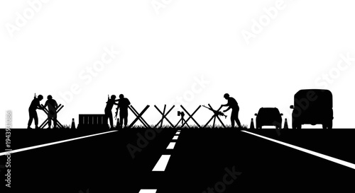 Military Checkpoint on Highway, Soldiers Setting Up Barricades and Barriers