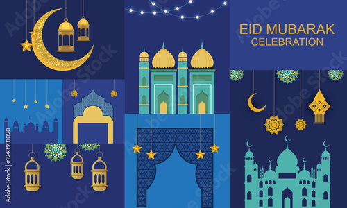 Abstract Eid Mubarak Al Fitr Islamic geometric mosaic Greeting includes Arabic lanterns