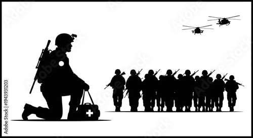 Military Medic Kneeling with First Aid Kit, Soldiers and Helicopters Silhouette
