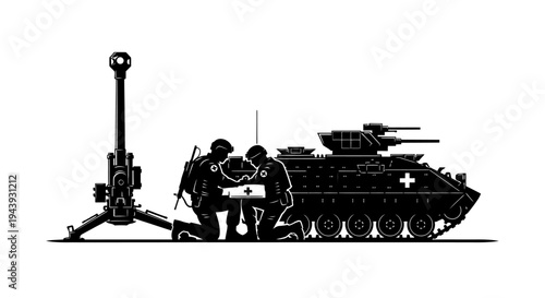 Military Medics and Armored Vehicle with Artillery Gun