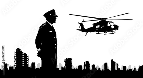 Military Officer Overseeing Cityscape with Helicopter