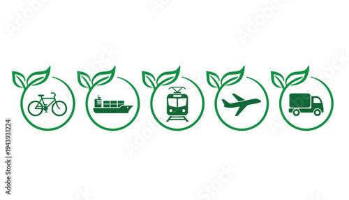 Eco friendly transportation icons with green leaves on a white background