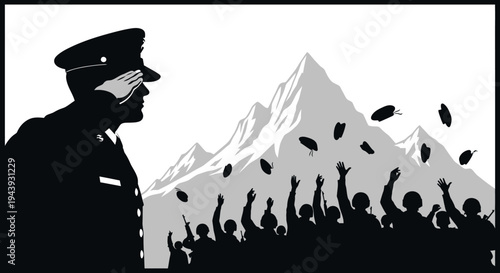 Military Officer Saluting Crowd Throwing Hats in Mountains Background