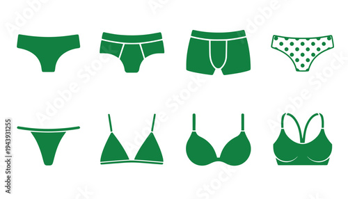 Lingerie set of green underwear and bras vector illustration