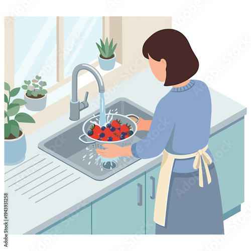 Woman washes fresh strawberries in kitchen sink with plants nearby