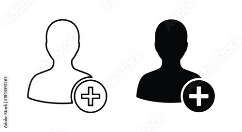 Plus Icon Set for User Addition and Profile - Line and glyph icon set - Minimalist, flat icon, outline, glyph, linear, clipart, sticker - icon set