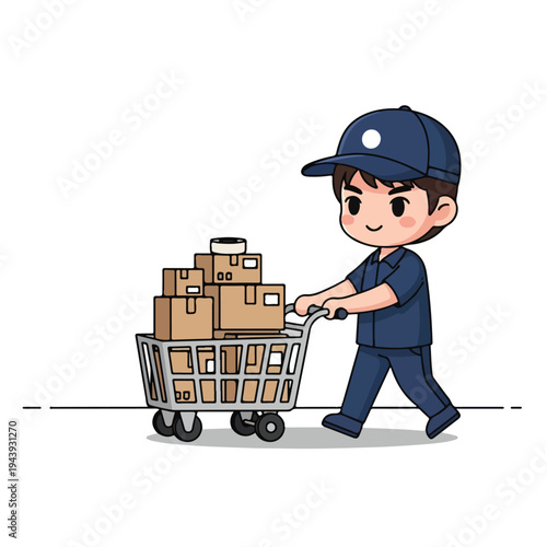 A smiling delivery man in a blue uniform pushing a shopping cart filled with many boxes on a white background with a cheerful mood.