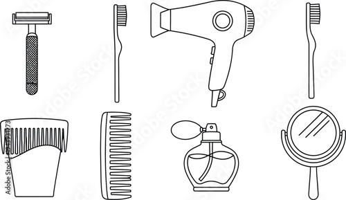 Set of minimalist line art icons for personal care and grooming perfect for web and mobile applications isolated on white background