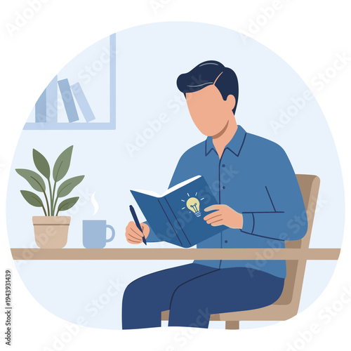 Man sitting at desk writing in notebook with plant and coffee