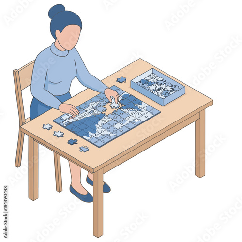 Woman sitting at table assembling puzzle pieces with some on tray