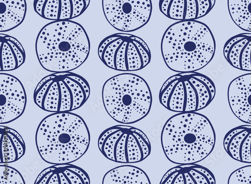 Seamless Marine Pattern with Dotted Sea Urchin Skeletons.Ideal for luxury beach house decor, scientific-style wallpaper, and organic textile design.