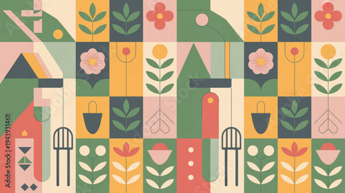 Vibrant garden patchwork with flowers plants and gardening tools in colorful geometric shapes