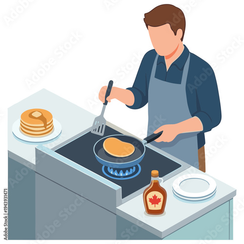 A man cooks pancakes on a stovetop in a kitchen wearing an apron.