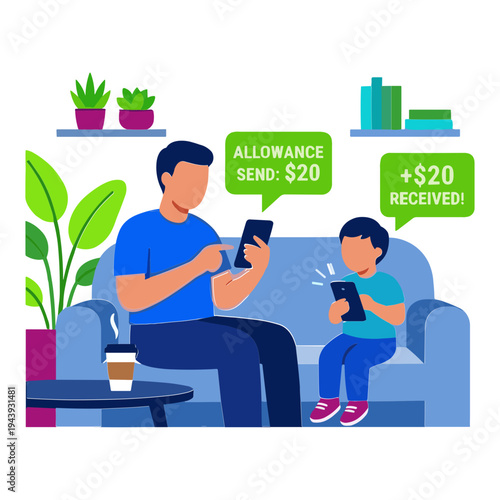 Father and son sitting on couch, using phones, receiving money