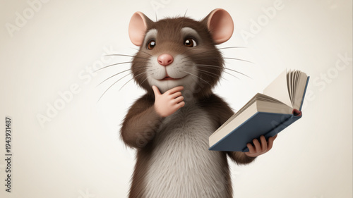 Thinking mouse reading a book with thoughtful expression on face holding blue hardcover in hand