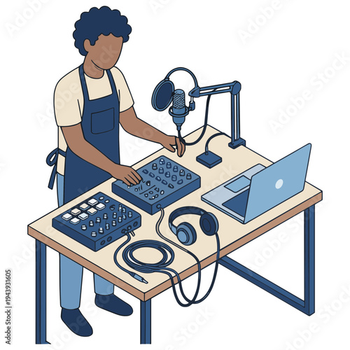 A man in an apron operates audio equipment at a desk with a microphone and laptop indoors.