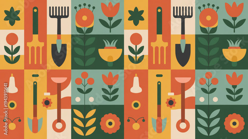 Vibrant garden tools and flowers patchwork pattern with colorful gardening elements and blooms