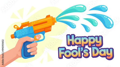 Hand holding blue and orange water gun spraying water happy fool's day text playful prank fun