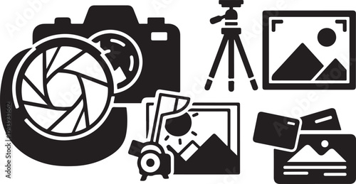Photography icons and equipment on a white background