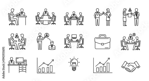 A collection of business icons depicting office work and professional interactions