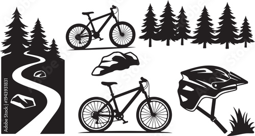 Mountain Biking Illustration with Forest and Safety Gear Icons
