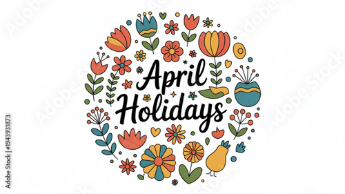 Vibrant floral april holidays decoration with colorful flowers and leaves on white background