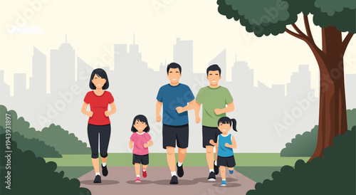 A healthy family jogging in the park vector illustration for a lifestyle concept on a sunny day with trees and city skyline background