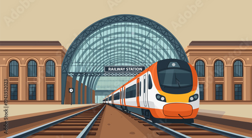 Modern High-Speed Train Station Vector Illustration with Passenger Train on Tracks Approaching the Building