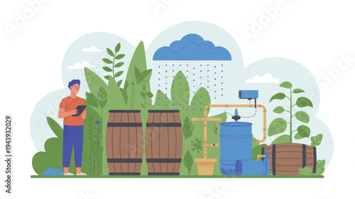 Man standing beside rainwater harvesting system with plants and wooden barrels in a sustainable garden