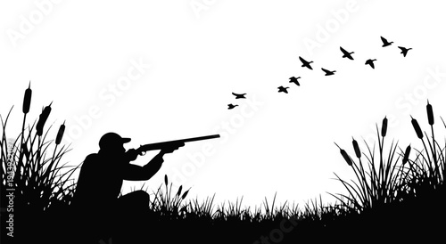Silhouette hunting vector illustration of a person aiming a shotgun at a flock of birds flying over reeds in a marsh landscape