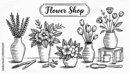 Flower shop illustration with vases flowers and tools on a table floral arrangement bouquet gardening decoration