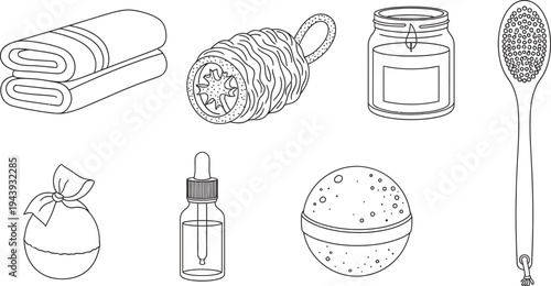 Outline vector illustration set of spa and bath accessories including towels bath bombs and a candle perfect for wellness and self-care concepts