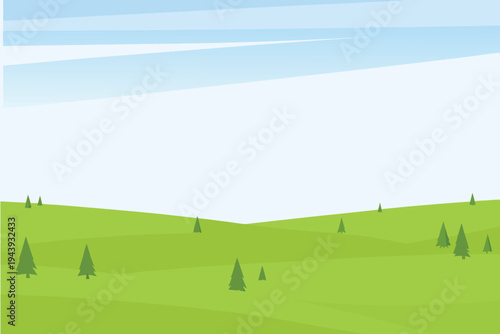 Green rolling hills with scattered pine trees under a bright blue sky with soft clouds minimalist vector landscape