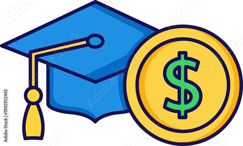 Graduation cap and dollar coin symbolizing education costs, student loans, or financial aid.